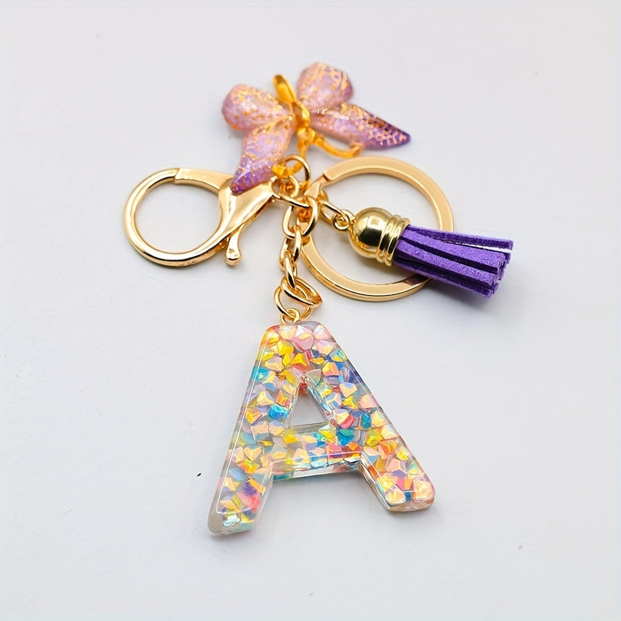 Resin Initial Letter Keychain with Tassel and Butterfly Pendant