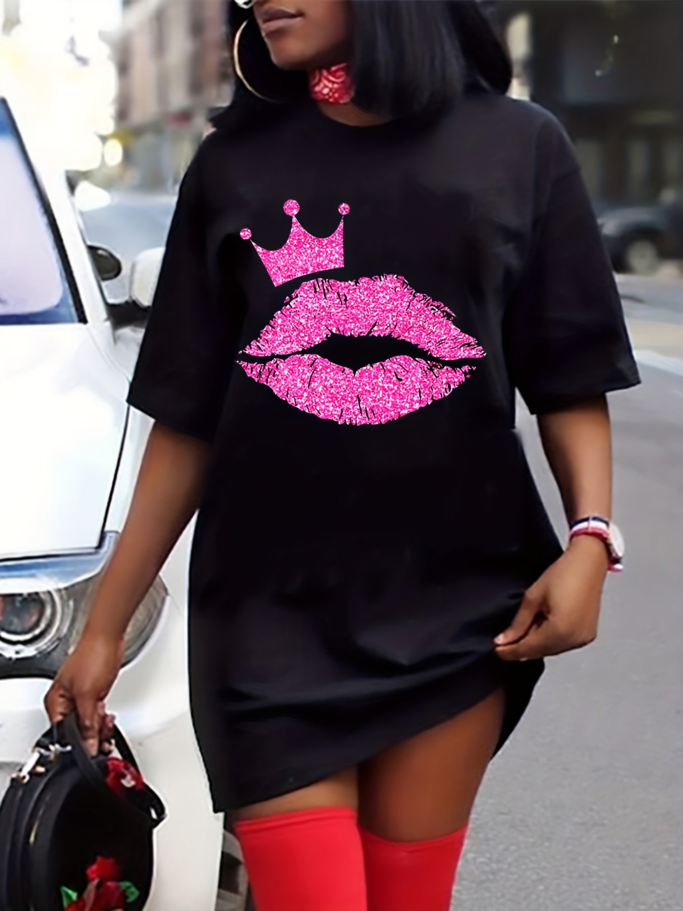  Lip With Crown Print Tee Dress Short Sleeve Round Neck Dress