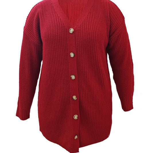 Solid Long Sleeve Button Up V Neck Knit Tunic Cardigan