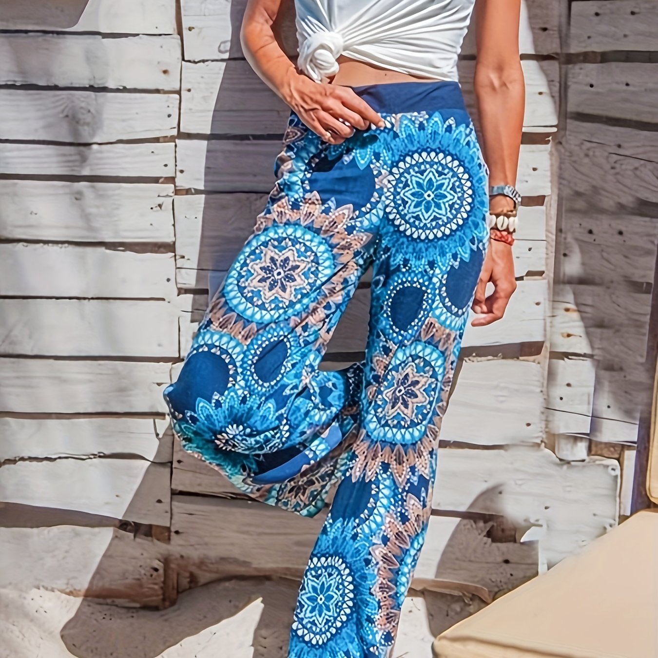  Boho Pants Women's Plus Damask Print High Rise