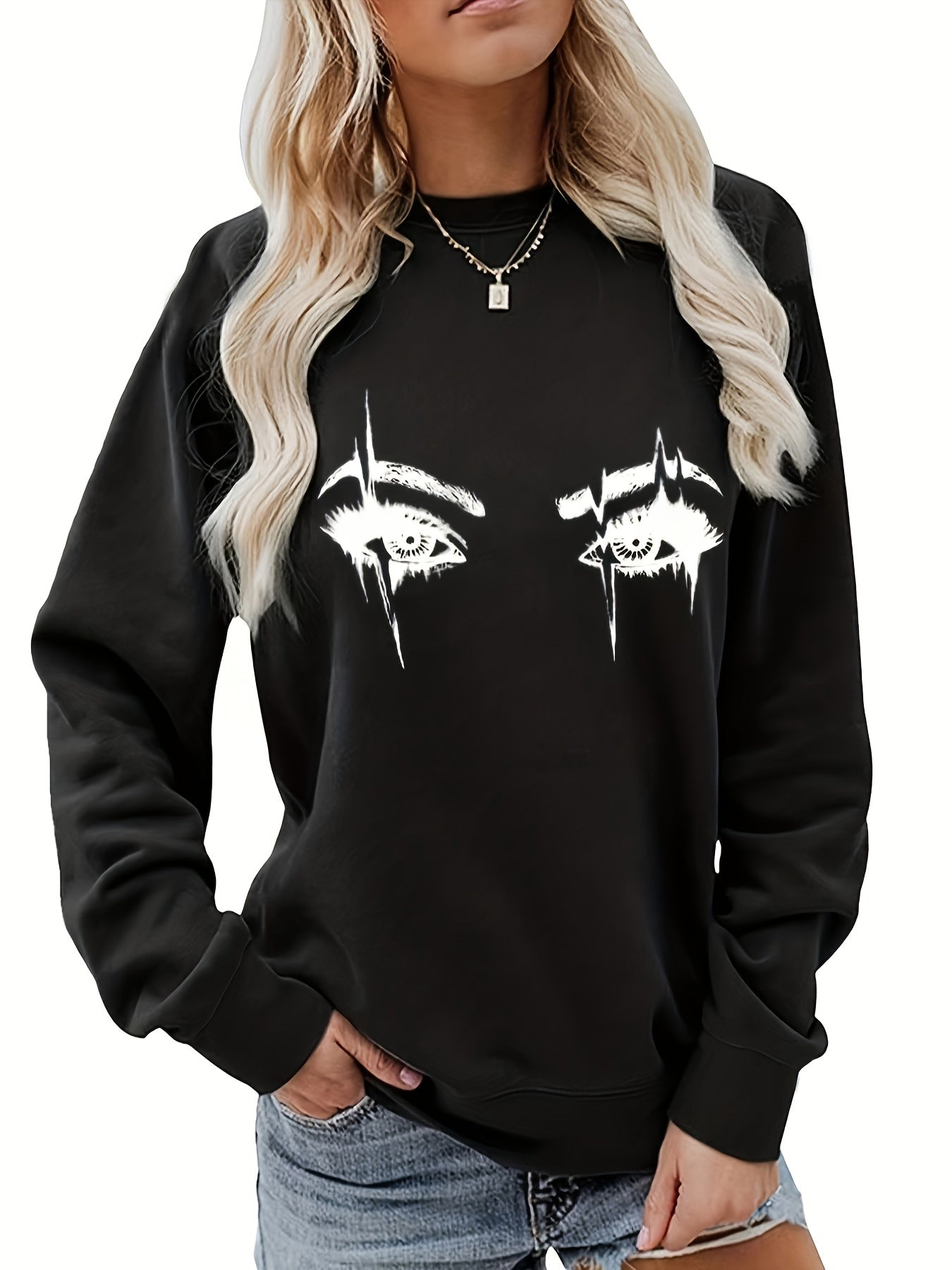 Eye Print Sweatshirt Crew Neck Casual Long Sleeve for Fall & Winter