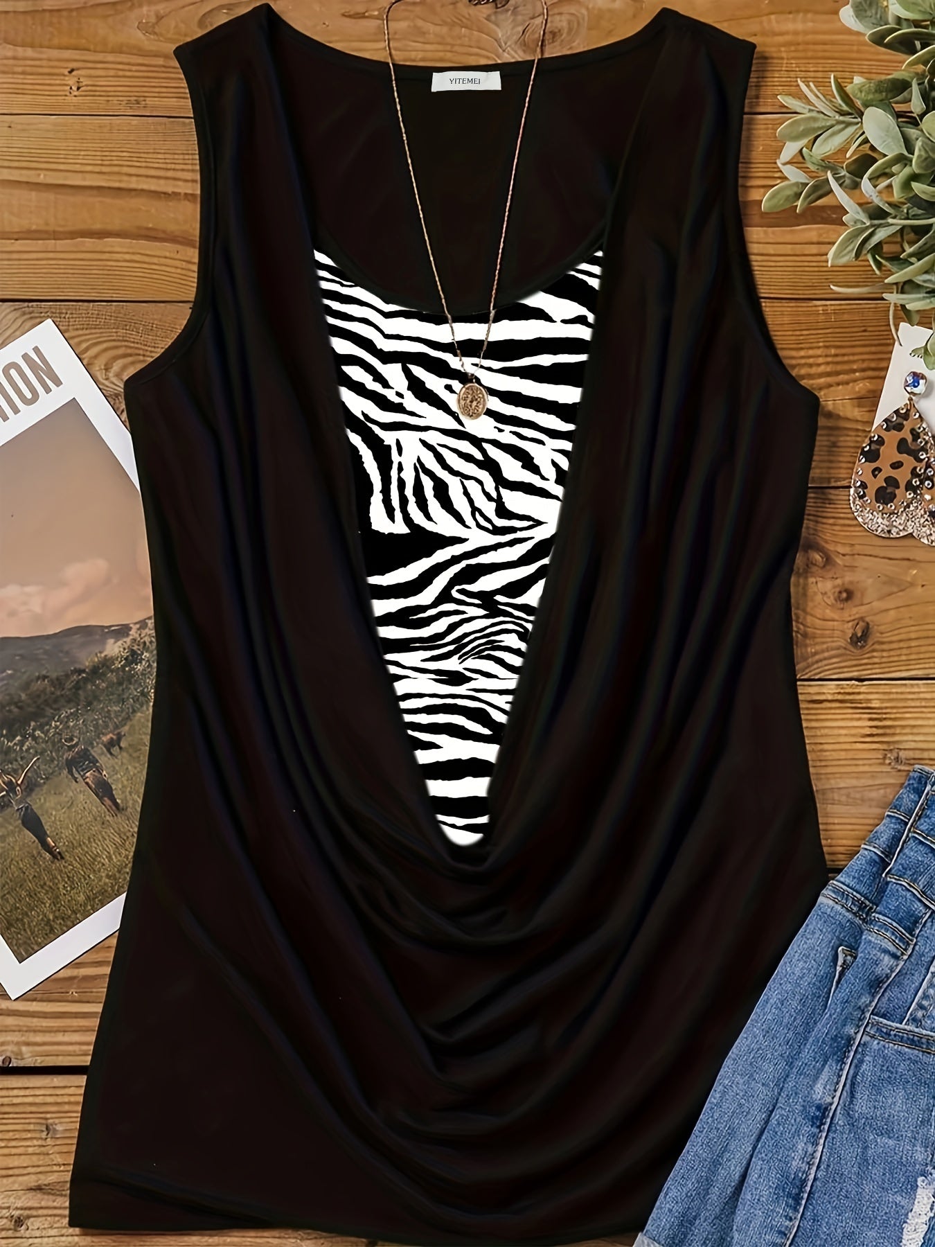  Colorblock Leopard Ruched Tank Top