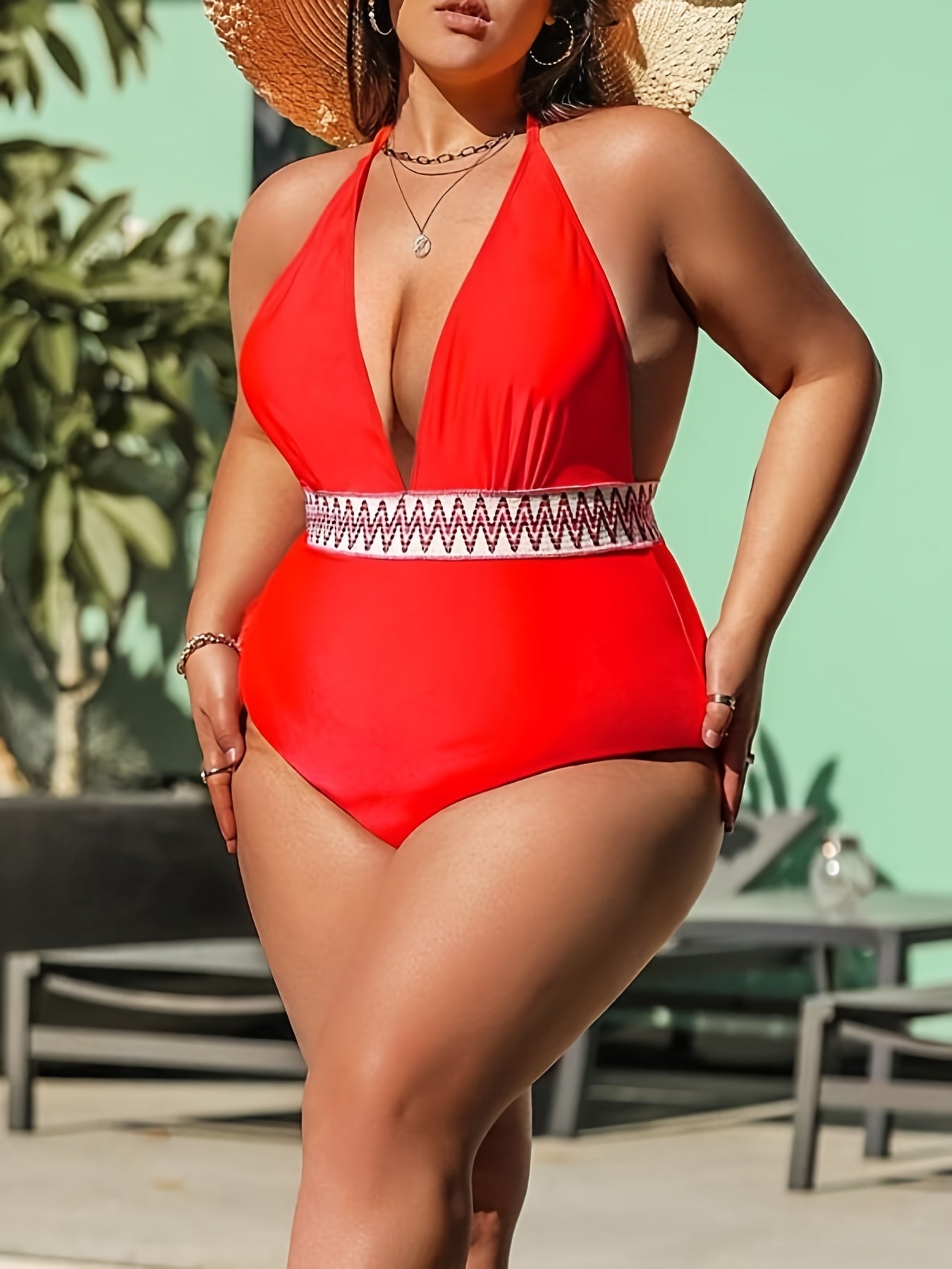  Colorblock Halter Neck One Piece Swimsuit