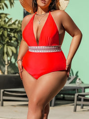  Colorblock Halter Neck One Piece Swimsuit