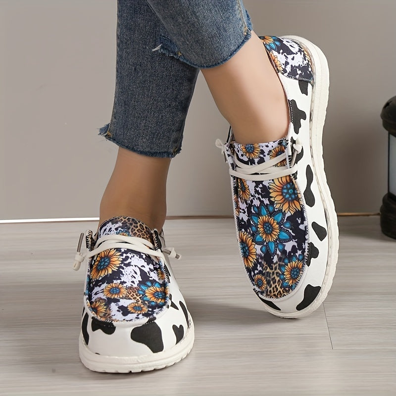 Women's Sunflower Canvas Shoes Round Toe Cow Print Loafers