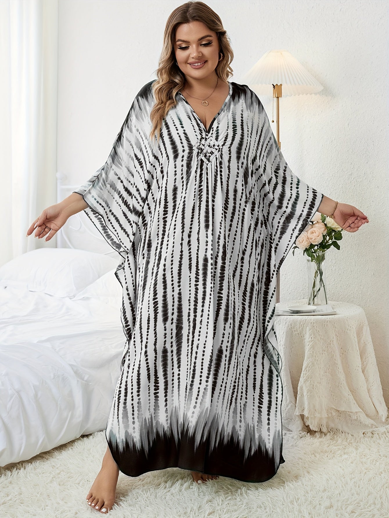  Tie Dye Striped Batwing Sleeve Maxi Cover Up Dress