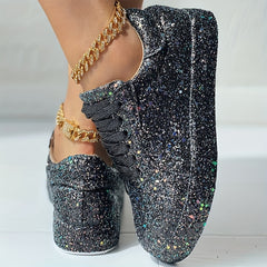 Women's Glitter Skateboard Sneakers Lace Up Comfort Non-slip Sneakers