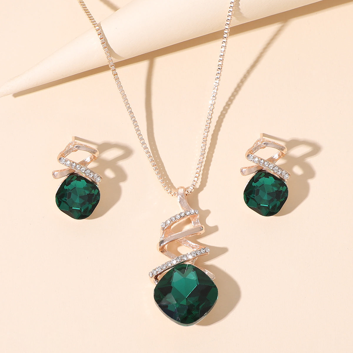 Geometric Crystal Jewelry Set Pendant Necklace & Stud Earrings Wedding