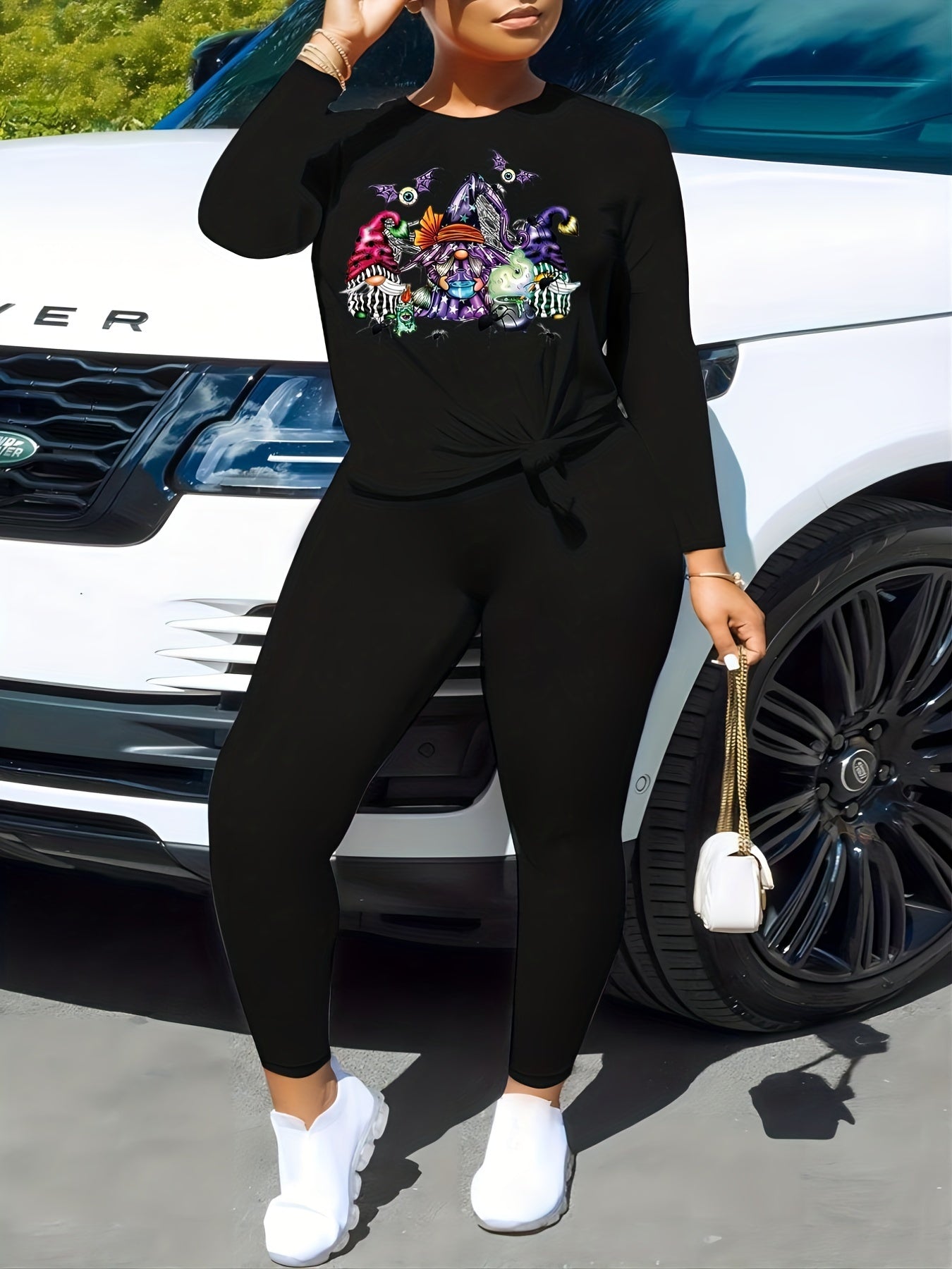  Halloween Witch & Bat Print Tee & Legging Outfit Set