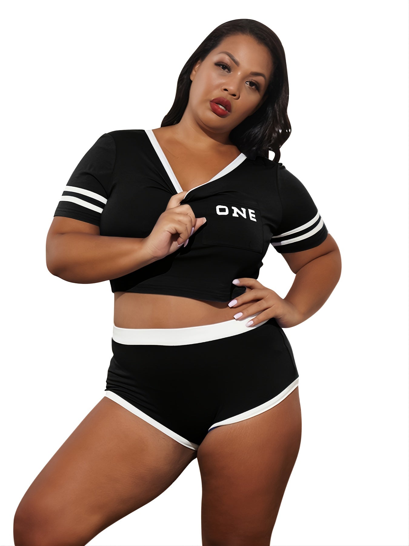  Y2K Colorblock Crop Top & High Waist Skinny Shorts Set