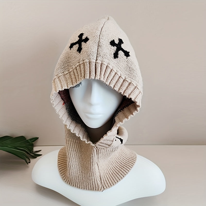 Jacquard Gothic Balaclava Khaki Knit Hat Unisex Beanie Neck Gaiter