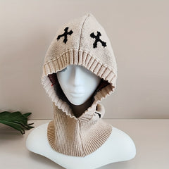 Jacquard Gothic Balaclava Khaki Knit Hat Unisex Beanie Neck Gaiter