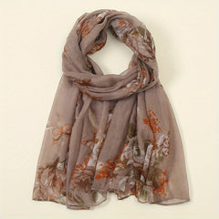 Vintage Flower Print Voile Scarf Butterfly Plants Windproof Shawl