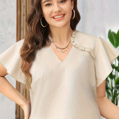 Ruffle Trim V-Neck Top