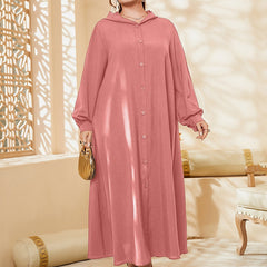  Solid Button Up Maxi Hooded Shirt Dress