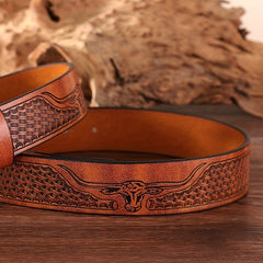 Retro Bull Head Western Cowboy Buckle Belt Embossed PU Leather Belt
