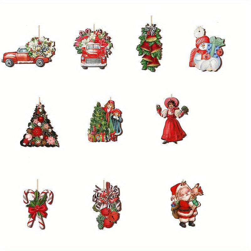 10pcs Christmas Santa Wooden Hanging Ornaments Party Decor Tree Decorations