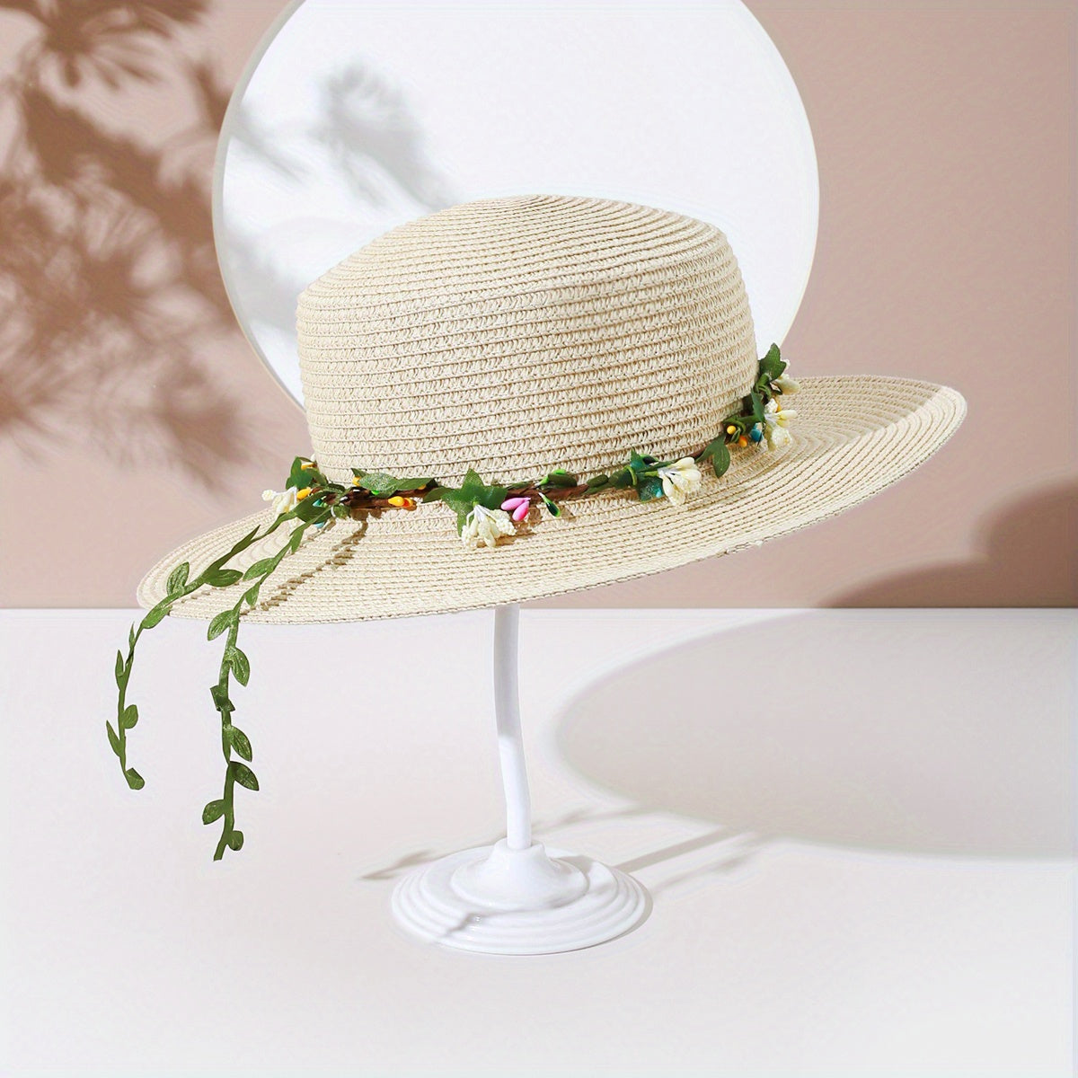 Green Garland Braided Sun Hat Easter Beige Straw Hat Flat Top Fedora Cap