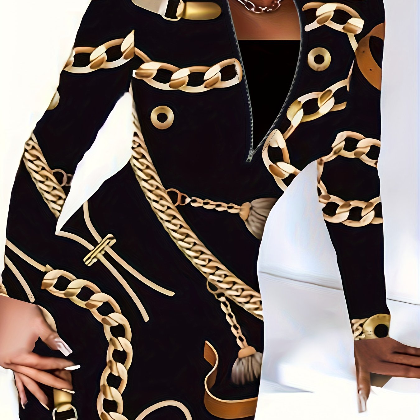  Sexy Baroque Print Zipper Bodycon Dress