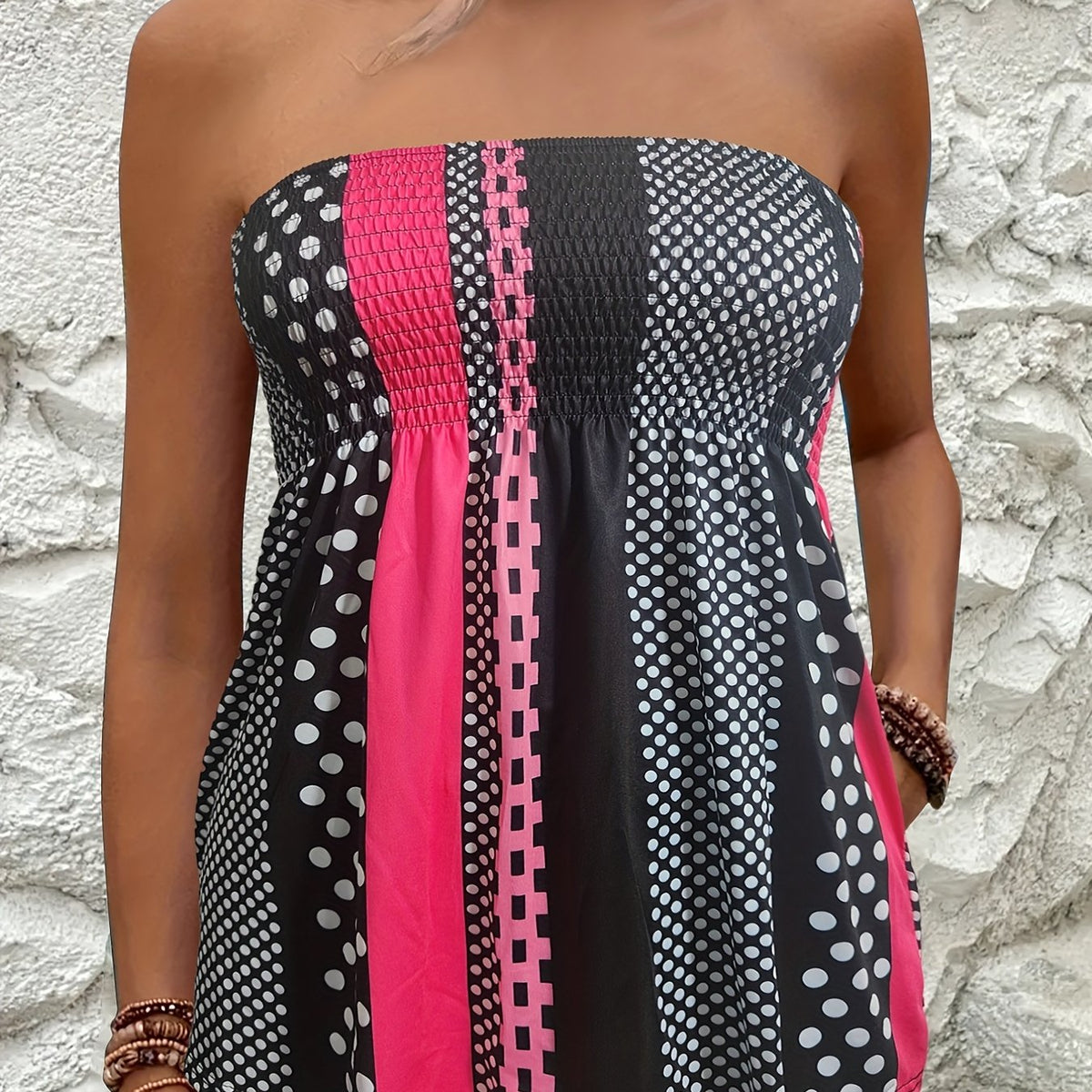Colorblock Shirred Tube Top Geometric Print Sleeveless Top