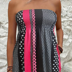Colorblock Shirred Tube Top Geometric Print Sleeveless Top