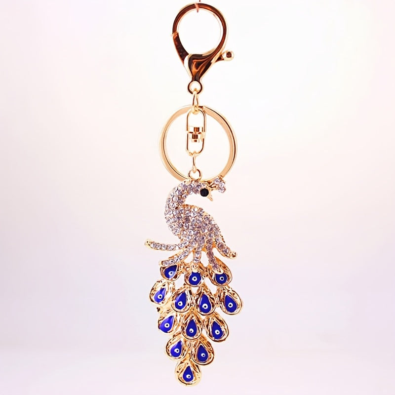 Vintage Rhinestone Peacock Keychain Pendant Animal Keyring Ornament