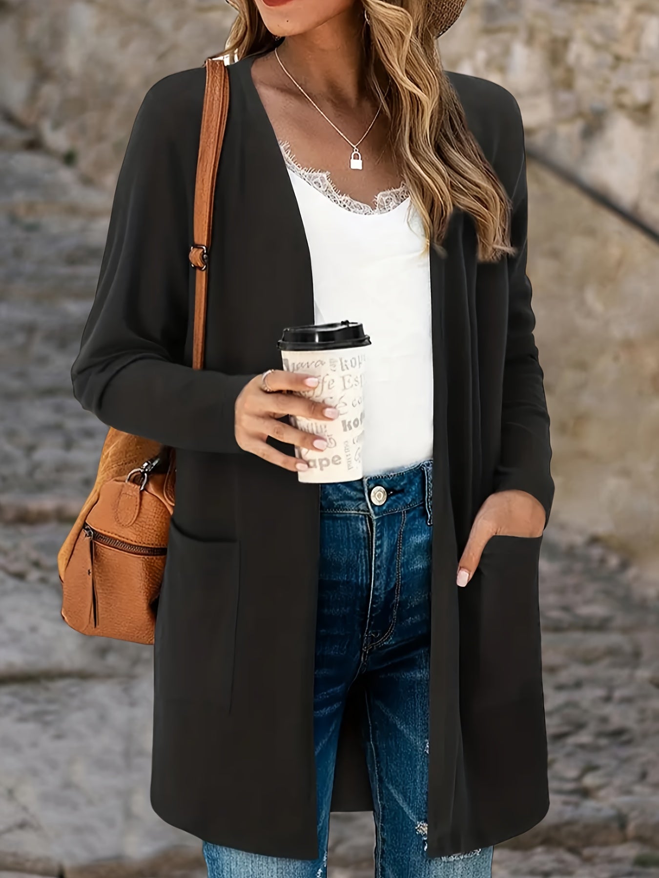  Casual Cardigan Women's Plus Solid Open Front Cardigan With Pockets
