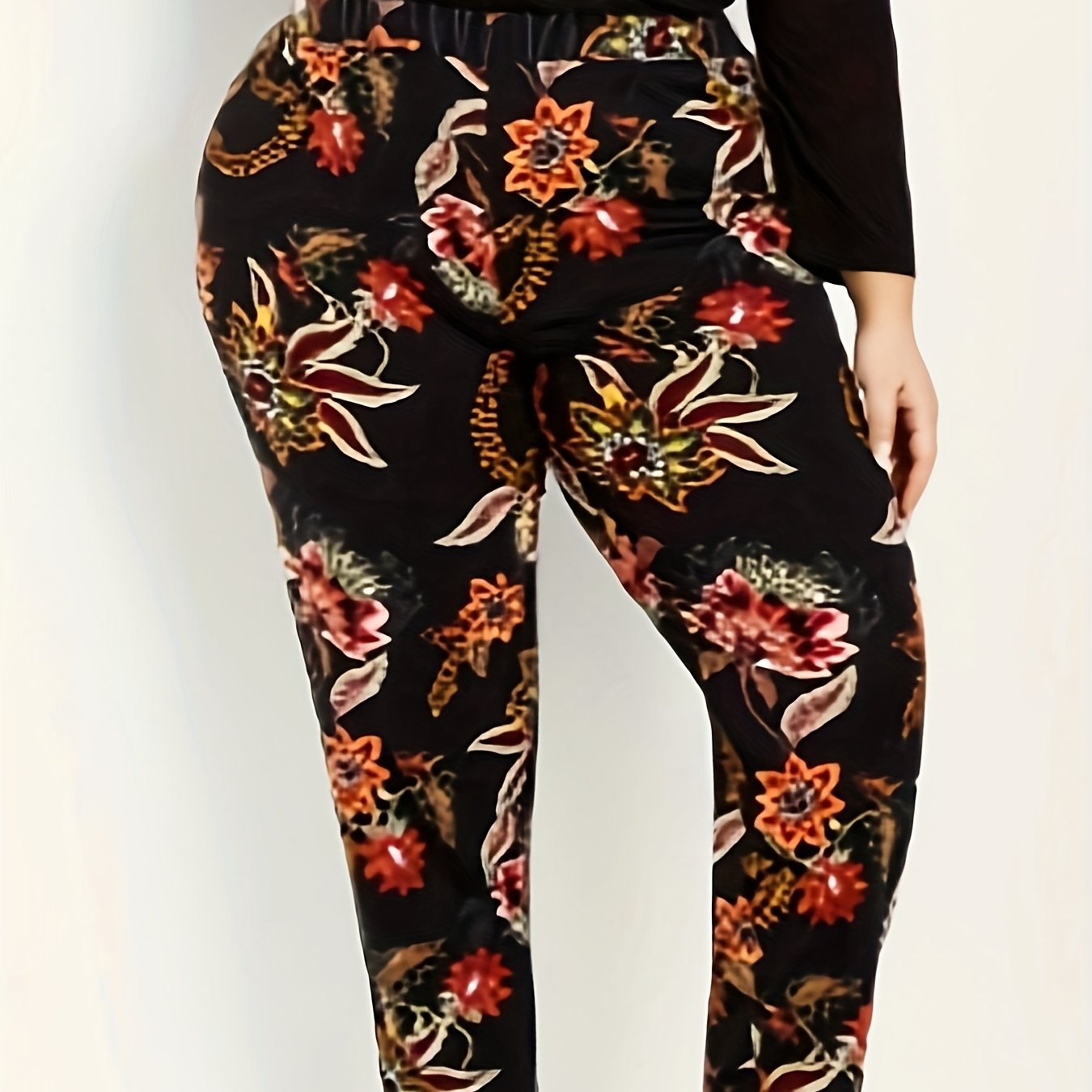  Boho Pants Women's Plus Floral Print Elastic Tapered Pants