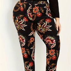  Boho Pants Women's Plus Floral Print Elastic Tapered Pants