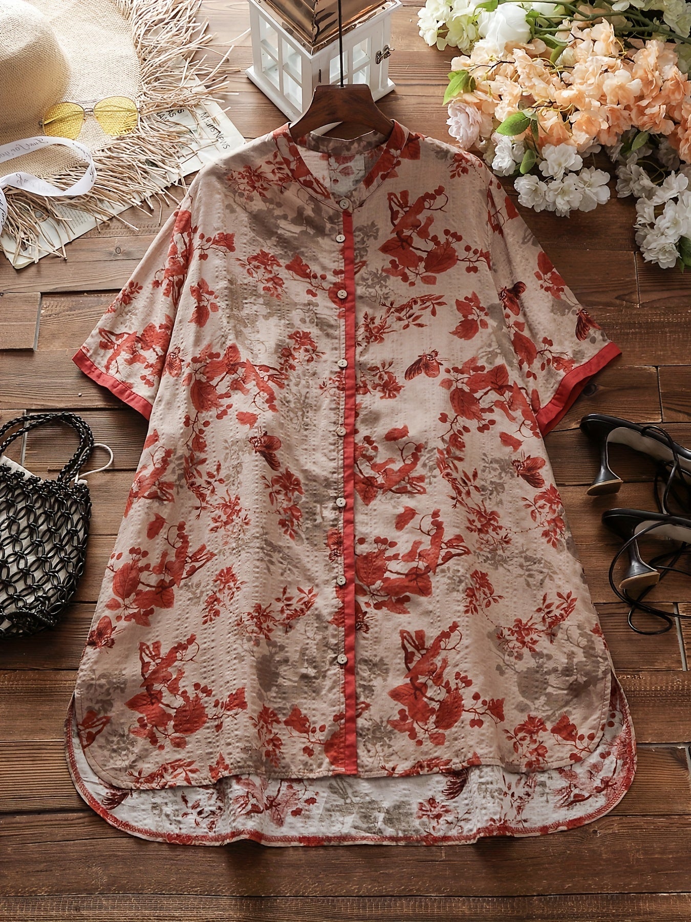 Floral Print Button Up V Neck Blouse