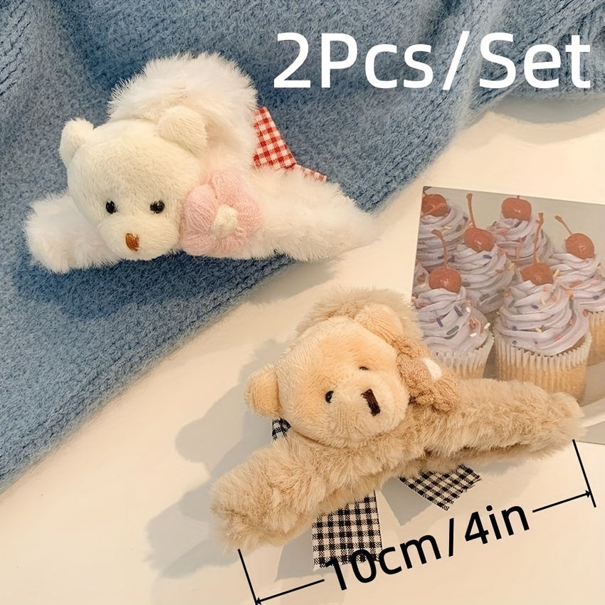2pcs Plush Bear Hair Claw Clip Big Bow Clip Headwear Hair Accessories