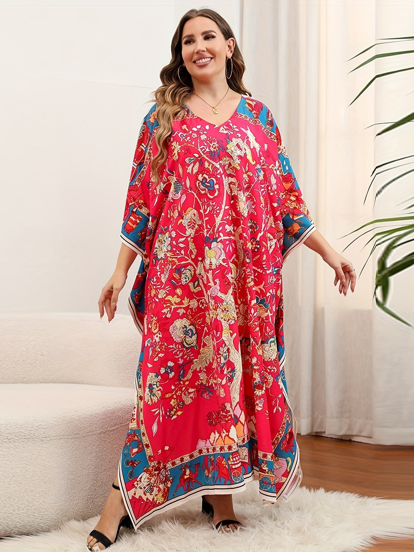  Boho Cover Up Dress Women's Plus Floral Print Bat Sleeve V Neck