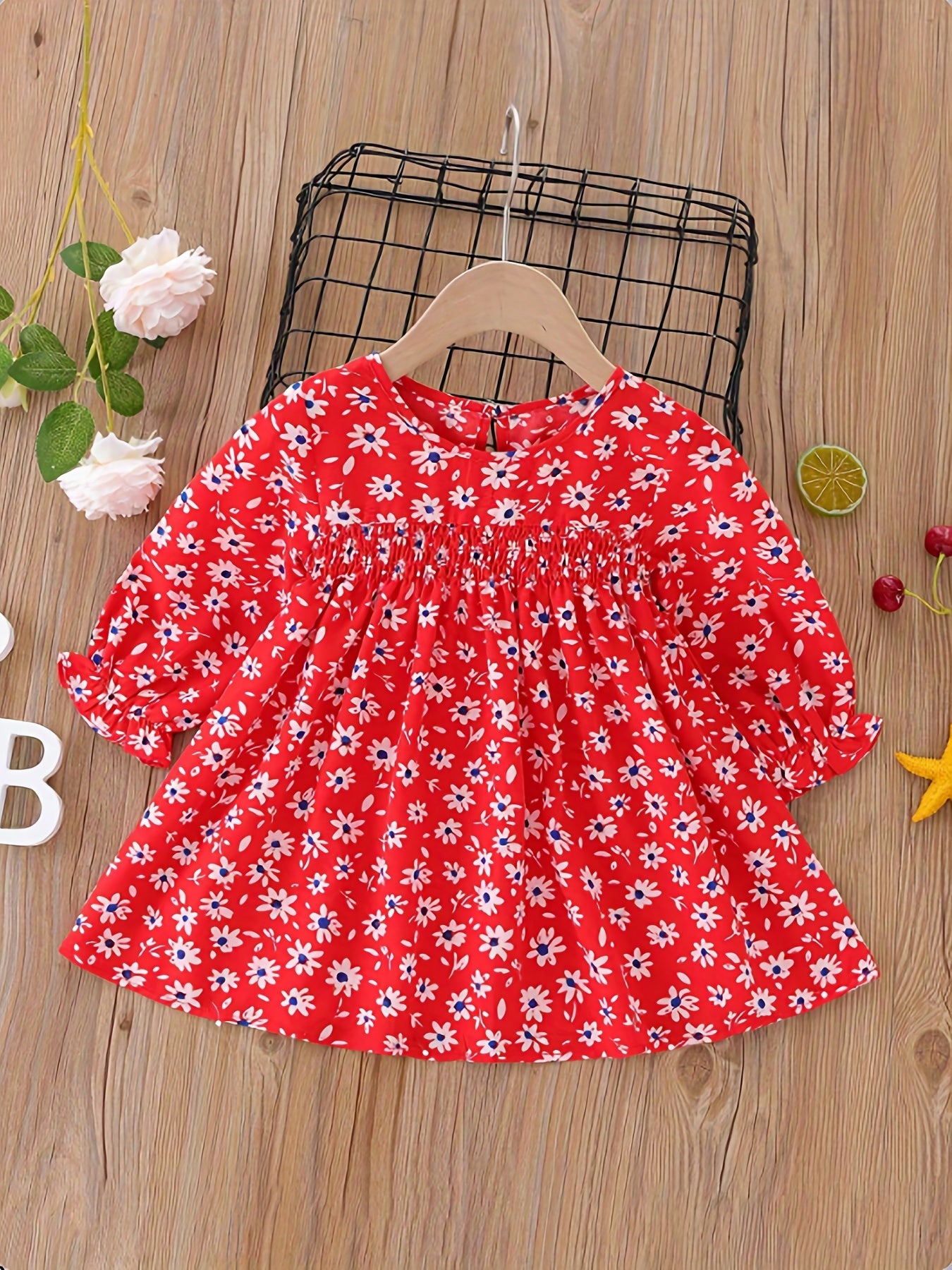 Baby Girls Floral Shirred Puffy Long Sleeve Dress