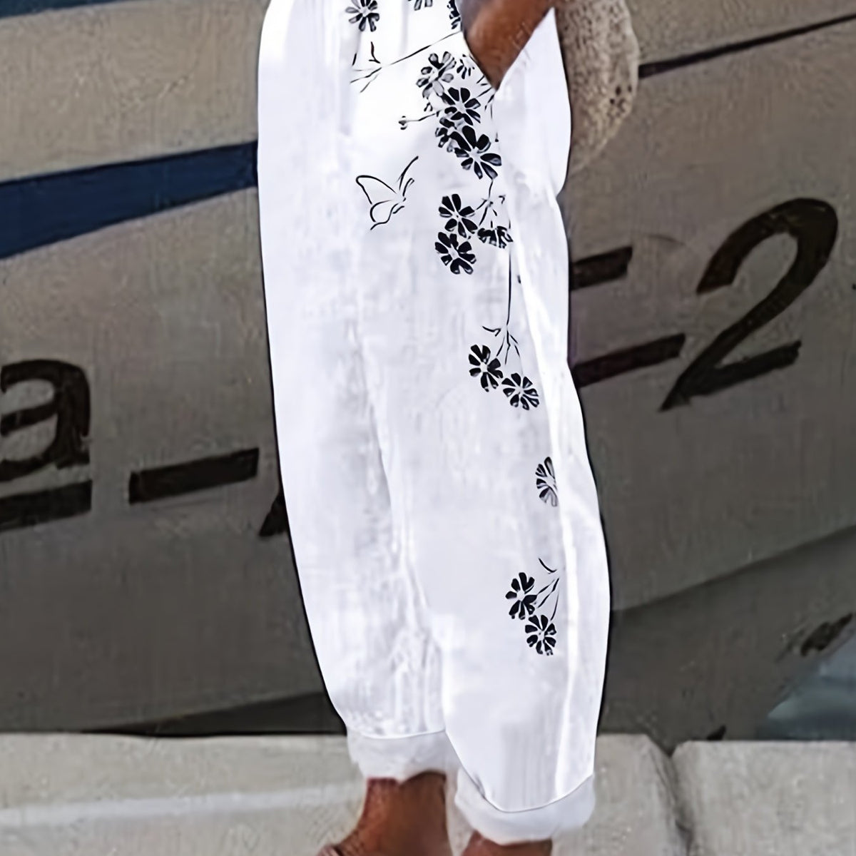 Butterfly & Flower Print Elastic Waist Pants for Women