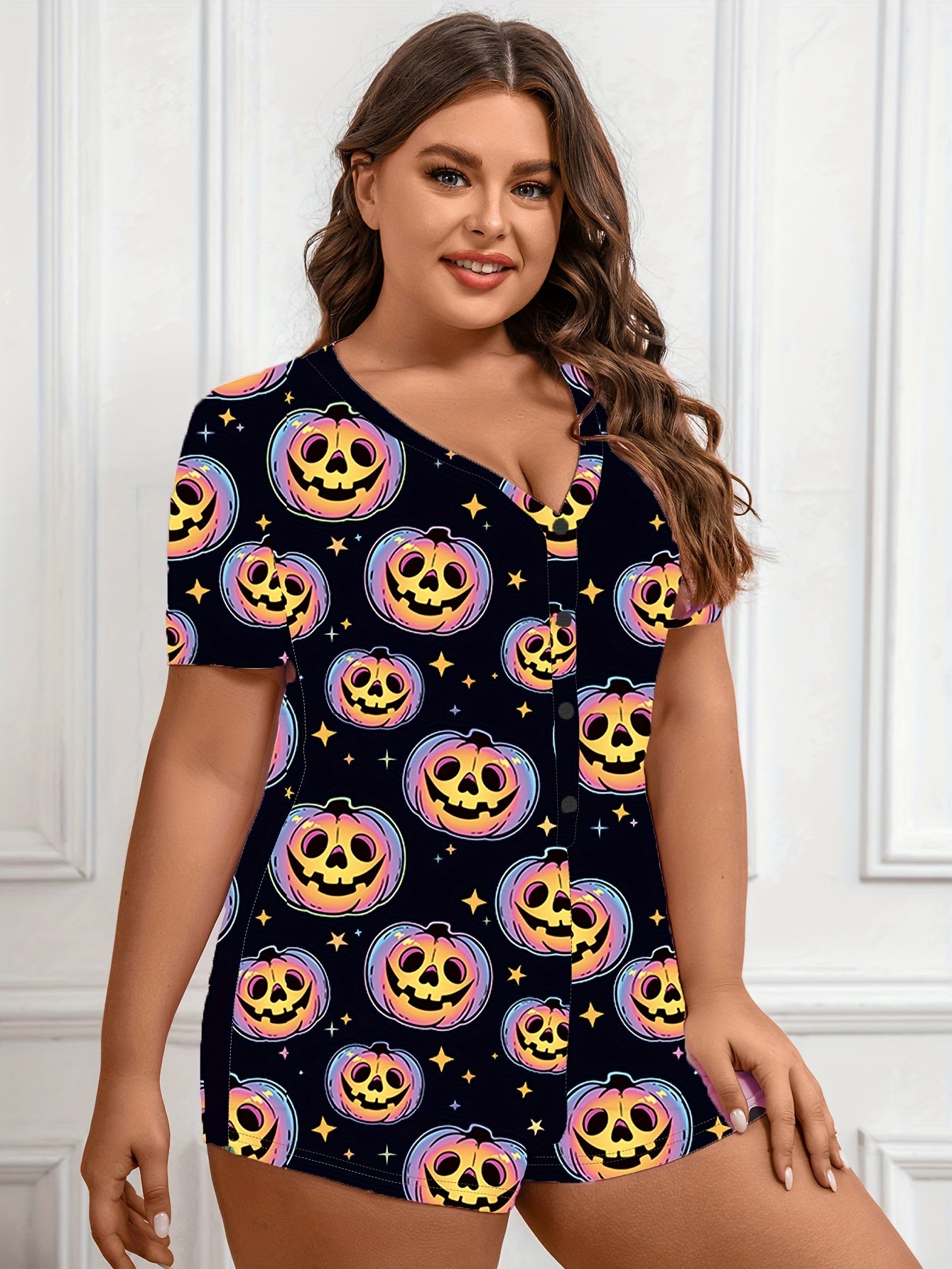  Halloween Pumpkin Print Short Sleeve Lounge Romper