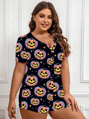  Halloween Pumpkin Print Short Sleeve Lounge Romper