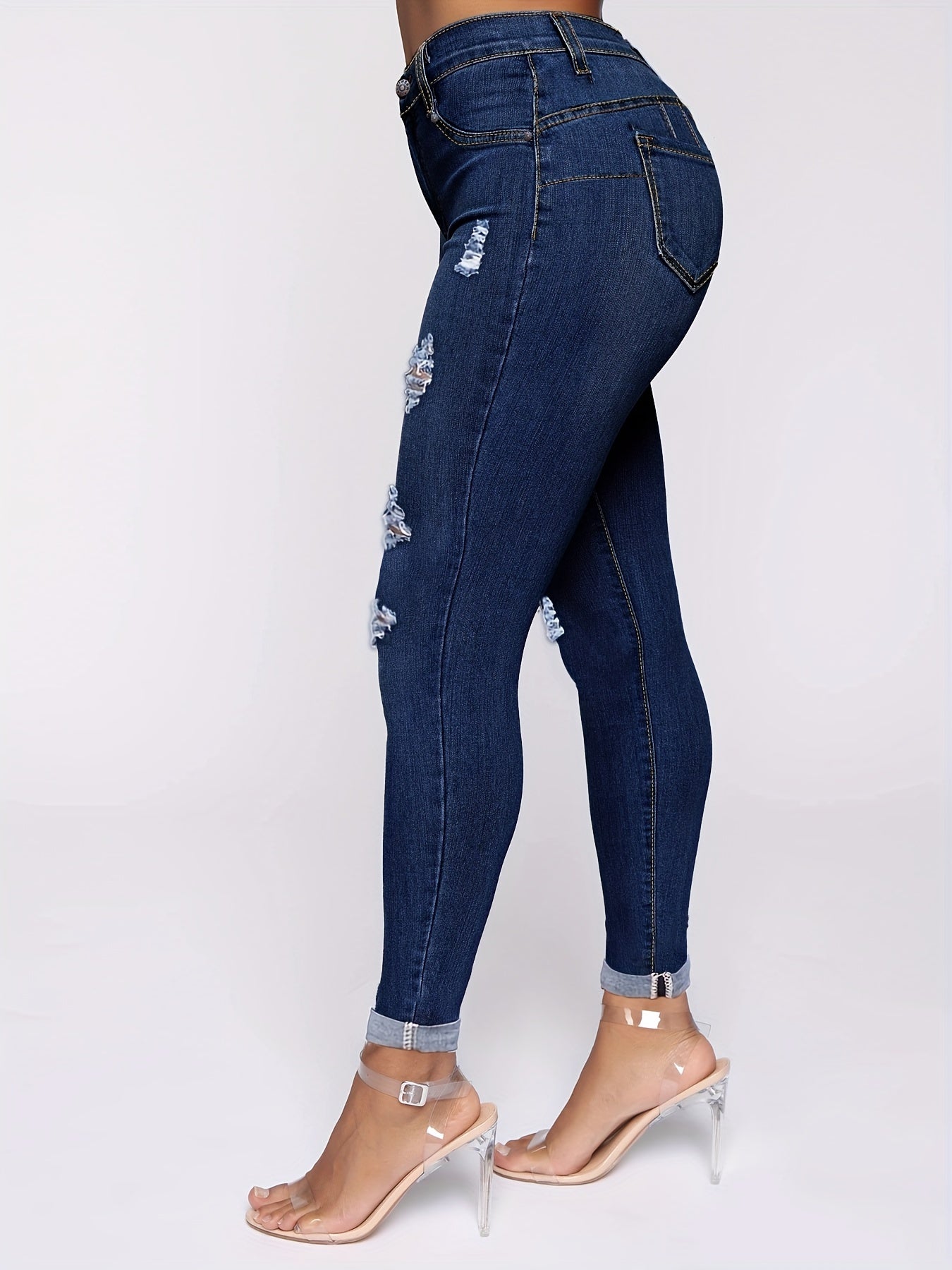 Dark Ripped Holes Skinny Jeans Slim Fit