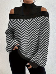  Colorblock Chevron Print Cold Shoulder Long Sleeve Jumpsuit