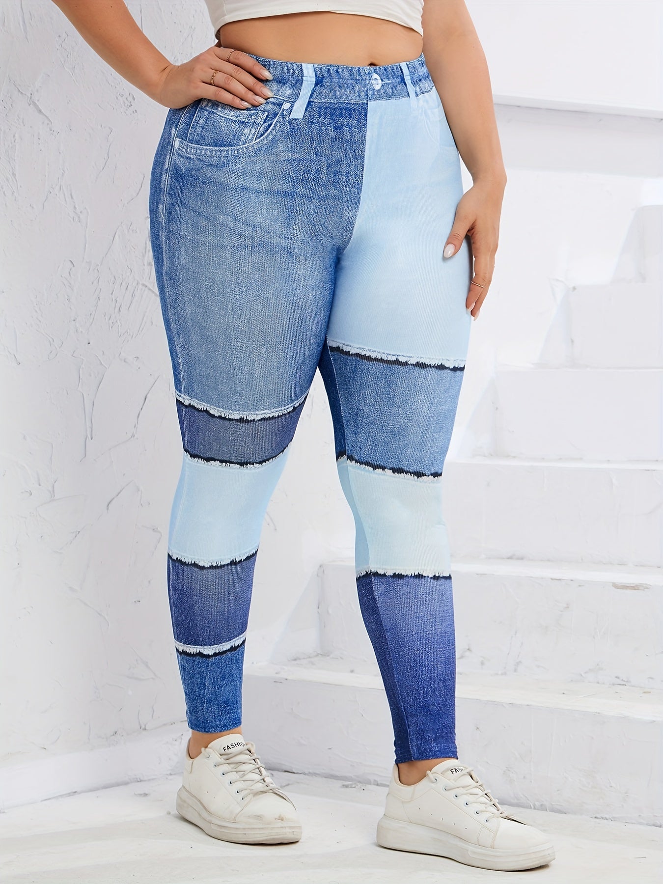  Denim Print Colorblock High Stretch Leggings Women's Plus