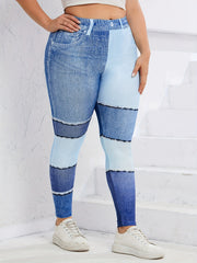  Denim Print Colorblock High Stretch Leggings Women's Plus