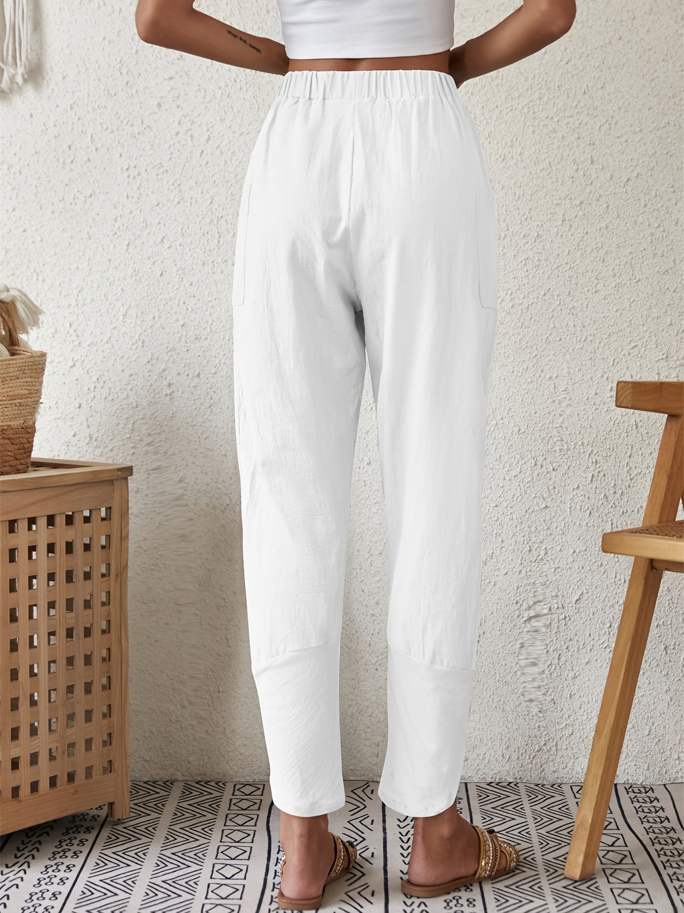 Solid Elastic Waist Pants Casual Loose Beach Pants With Pockets