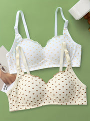 2pcs Girl's Polka Dot Print Push Up Thin Bras V Neck Adjustable Straps Bras