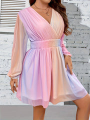 Women's Plus Rainbow Mesh Long Sleeve Shirred Waist Dress
