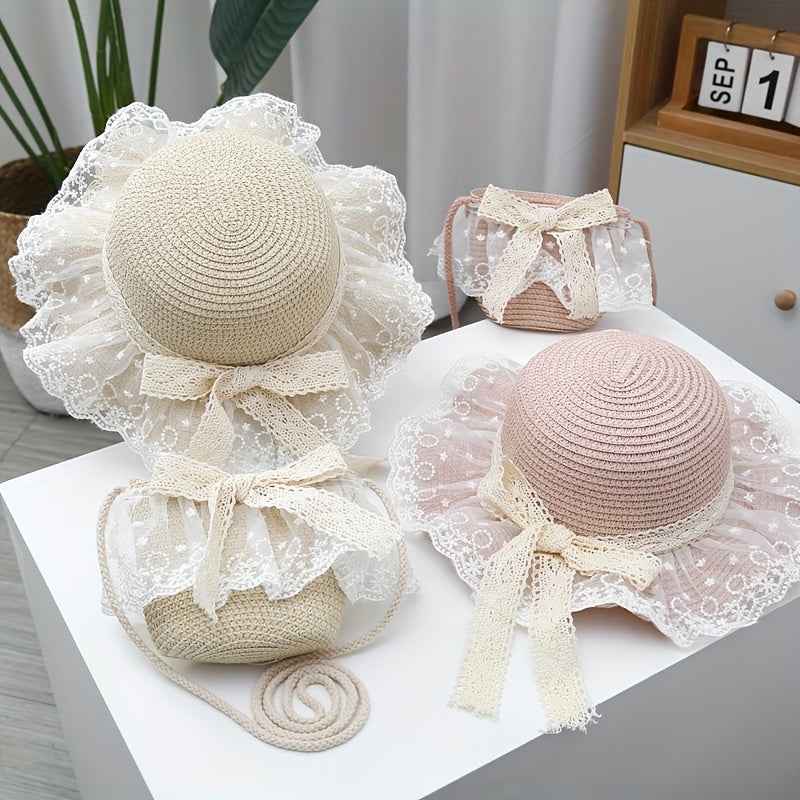 Kids Summer Straw Hat with Lace, Sunscreen Protection