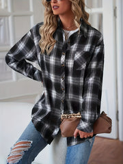  Plaid Print Button Up Long Sleeve Blouse