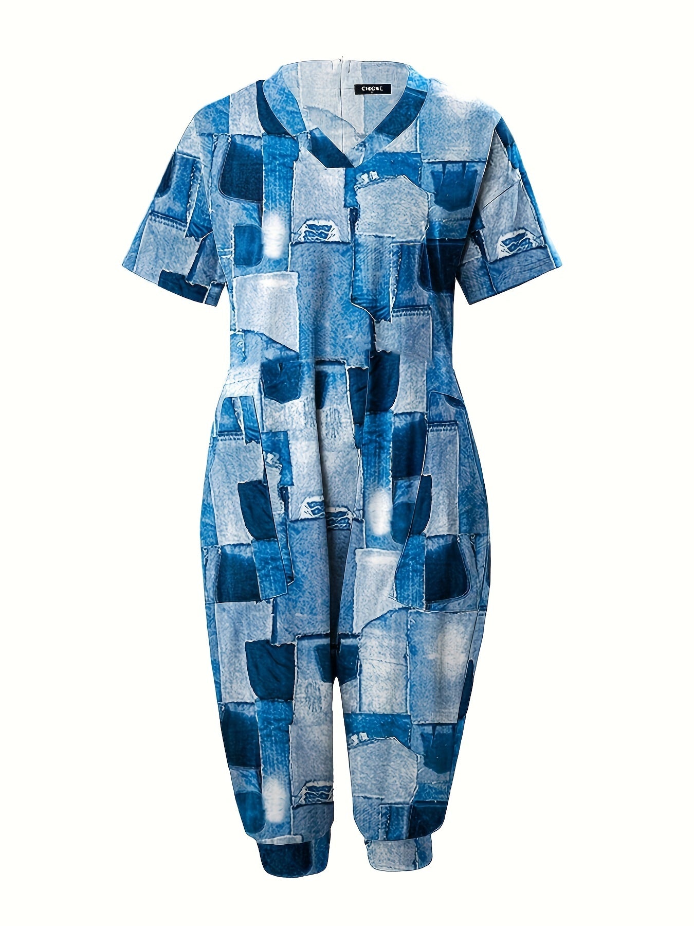  Denim Print V Neck Jumpsuit with Pockets