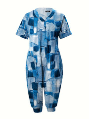  Denim Print V Neck Jumpsuit with Pockets