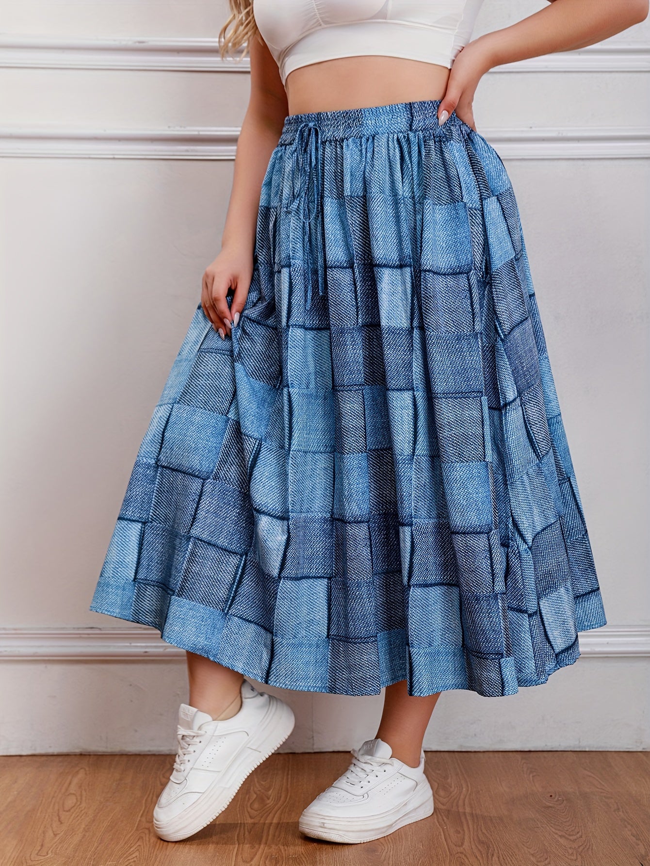  Colorblock Denim Print Maxi Skirt