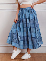  Colorblock Denim Print Maxi Skirt