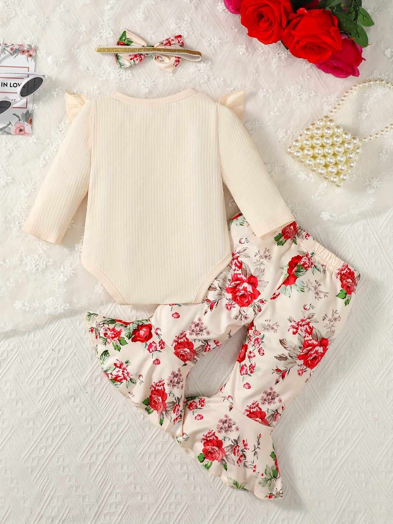 Toddler Girls Flying Sleeve Romper Floral Flared Trousers Set